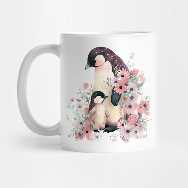 Cute penguin with baby and flowers by DreamLoudArt